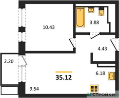 Планировка однокомнатной(квартира) площадью 35.12 квадратных метров в “ЖК Пятницкие луга”