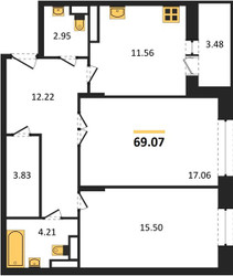 Планировка двухкомнатной(квартира) площадью 69.07 квадратных метров в ЖК “ЖК Преображенская Площадь”