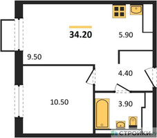 Планировка однокомнатной(квартира) площадью 34.2 квадратных метров в “ЖК Мытищи Парк”
