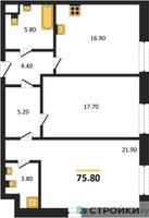 Планировка двухкомнатной(квартира) площадью 75.8 квадратных метров в “ЖК Voxhall (Воксхолл)”