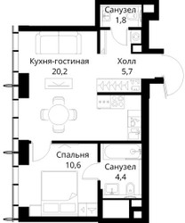 Планировка однокомнатной(квартира) площадью 42.7 квадратных метров в ЖК “ЖК Сити Бэй”