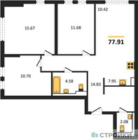 Планировка трехкомнатной(квартира) площадью 77.91 квадратных метров в “ЖК Остафьево”