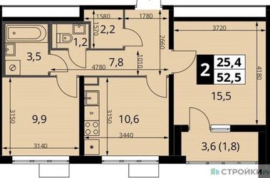 Планировка двухкомнатной(квартира) площадью 52.5 квадратных метров в ЖК “ЖК ЮЖНАЯ БИТЦА”