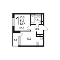Планировка однокомнатной(квартира) площадью 32.7 квадратных метров в “Новые Ватутинки. Заречный”