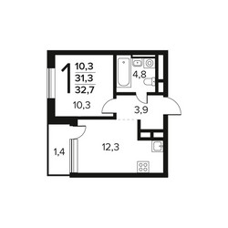 Планировка однокомнатной(квартира) площадью 32.7 квадратных метров в ЖК “Новые Ватутинки. Заречный”