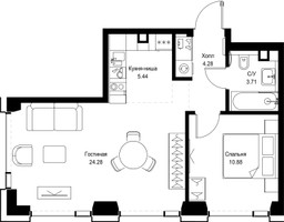 Планировка однокомнатной(квартира) площадью 48.6 квадратных метров в “ЖК SET (Сет)”