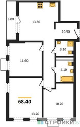 Планировка трехкомнатной(квартира) площадью 68.4 квадратных метров в ЖК “ЖК Скандинавия”