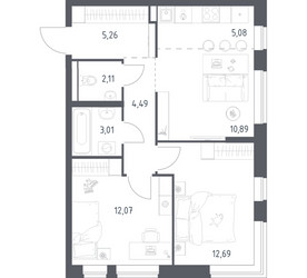 Планировка двухкомнатной(квартира) площадью 55.6 квадратных метров в ЖК “ЖК Новое Видное”