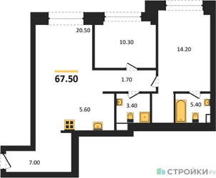 Планировка двухкомнатной(квартира) площадью 67.5 квадратных метров в ЖК “ЖК Upside Towers (Апсайд Тауэрс)”