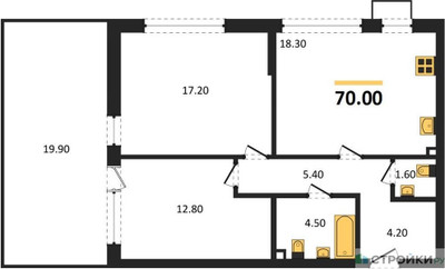 Планировка двухкомнатной(квартира) площадью 70 квадратных метров в ЖК “ЖК Прокшино”