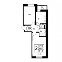 Планировка двухкомнатной(квартира) площадью 61.3 квадратных метров в “ЖК Космос”
