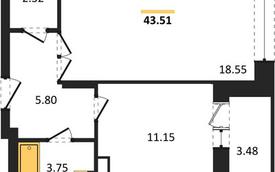 Планировка однокомнатной(квартира) площадью 43.44 квадратных метров в ЖК “ЖК Преображенская Площадь”