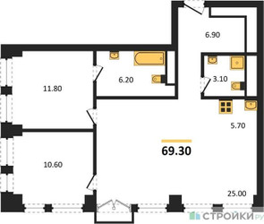 Планировка двухкомнатной(квартира) площадью 69.3 квадратных метров в ЖК “ЖК Emotion (Эмоушен)”