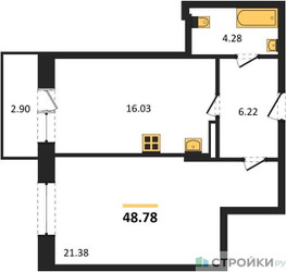 Планировка однокомнатной(квартира) площадью 48.78 квадратных метров в ЖК “Зеленый Оазис - Город”