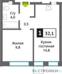 Планировка однокомнатной(квартира) площадью 32.1 квадратных метров в ЖК “ЖК Никольский квартал Отрада”
