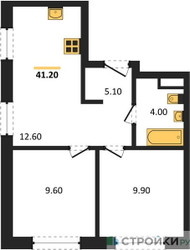 Планировка двухкомнатной(квартира) площадью 41.2 квадратных метров в ЖК “ЖК Ольховый Квартал”