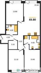 Планировка трехкомнатной(квартира) площадью 83.8 квадратных метров в ЖК “ЖК The LAKE (Лэйк)”