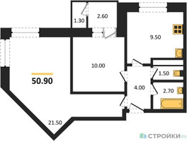 Планировка двухкомнатной(квартира) площадью 51.2 квадратных метров в “ЖК Три квартала”