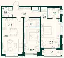 Планировка двухкомнатной(квартира) площадью 90.1 квадратных метров в “ЖК Клубный город на реке Primavera (Примавера)”