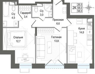 Планировка двухкомнатной(квартира) площадью 58 квадратных метров в ЖК “ЖК КИНОКВАРТАЛ”