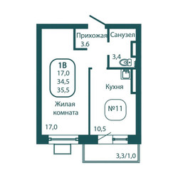 Планировка однокомнатной(квартира) площадью 35.5 квадратных метров в “ЖК Андреевка Life (Андреевка Лайф)”