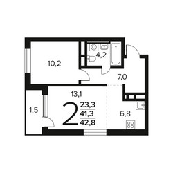 Планировка двухкомнатной(квартира) площадью 42.8 квадратных метров в ЖК “Новые Ватутинки. Заречный”