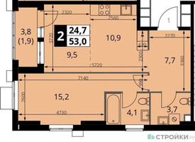 Планировка однокомнатной(квартира) площадью 53 квадратных метров в “ЖК 1-й Измайловский (Первый Измайловский)”
