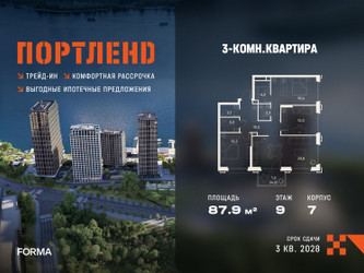 Планировка трехкомнатной(квартира) площадью 87.9 квадратных метров в ЖК “ЖК Портленд”