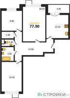 Планировка трехкомнатной(квартира) площадью 77.9 квадратных метров в “ЖК 1-й Донской (Первый Донской)”