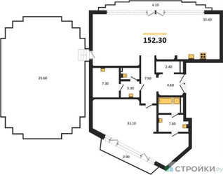 Планировка однокомнатной(квартира) площадью 152.3 квадратных метров в ЖК “ЖК Nicole (Николь)”
