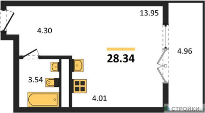 Планировка студии(квартира) площадью 28.34 квадратных метров в ЖК “ЖК Дюна”