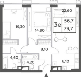 Планировка трехкомнатной(квартира) площадью 79.7 квадратных метров в ЖК “ЖК Will Towers (Вилл Тауэрс)”