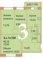 Планировка трехкомнатной(квартира) площадью 70.6 квадратных метров в “ЖК Дом у реки”