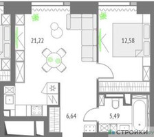 Планировка однокомнатной(квартира) площадью 45.93 квадратных метров в “ЖК Upside Towers (Апсайд Тауэрс)”