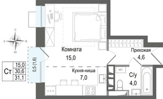 Планировка студии(квартира) площадью 30.6 квадратных метров в “ЖК КИНОКВАРТАЛ”