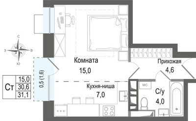 Планировка студии(квартира) площадью 30.6 квадратных метров в ЖК “ЖК КИНОКВАРТАЛ”
