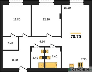 Планировка двухкомнатной(квартира) площадью 70.7 квадратных метров в ЖК “ЖК Квартал Метроном”