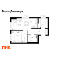 Планировка однокомнатной(квартира) площадью 42.7 квадратных метров в “ЖК Белая Дача парк”