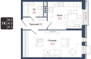 Планировка однокомнатной(квартира) площадью 41.1 квадратных метров в ЖК “ЖК КИНОКВАРТАЛ”