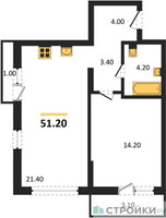 Планировка однокомнатной(квартира) площадью 51.2 квадратных метров в “ЖК Первый квартал”