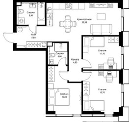 Планировка трехкомнатной(квартира) площадью 79.5 квадратных метров в ЖК “Мультиквартал СИТИДЗЕН”