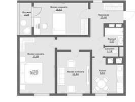 Планировка трехкомнатной(квартира) площадью 76.3 квадратных метров в “ЖК Клевер”
