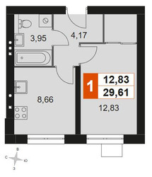 Планировка однокомнатной(квартира) площадью 29.61 квадратных метров в ЖК “Мартемьяново Клаб”