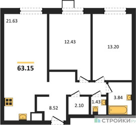 Планировка двухкомнатной(квартира) площадью 63.15 квадратных метров в ЖК “ЖК Квартал Тетрис”