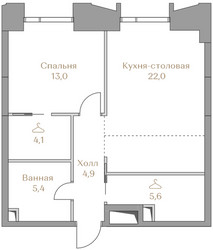 Планировка однокомнатной(квартира) площадью 55 квадратных метров в ЖК “ЖК Коллекция Лужники”