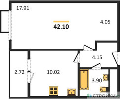 Планировка однокомнатной(квартира) площадью 42.1 квадратных метров в “ЖК Tophills (ТопХиллс)”