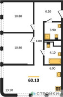 Планировка двухкомнатной(квартира) площадью 64.2 квадратных метров в “ЖК STONE Sokolniki (Сокольники)”