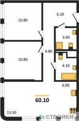 Планировка двухкомнатной(квартира) площадью 60.1 квадратных метров в ЖК “ЖК STONE Sokolniki (Сокольники)”