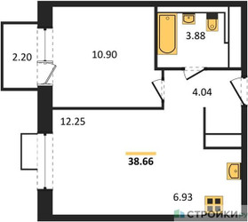 Планировка однокомнатной(квартира) площадью 38.66 квадратных метров в ЖК “ЖК Новое Внуково”