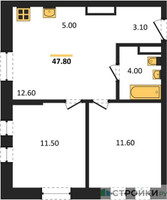 Планировка двухкомнатной(квартира) площадью 47.8 квадратных метров в “ЖК Квартал на воде (Графика на воде)”